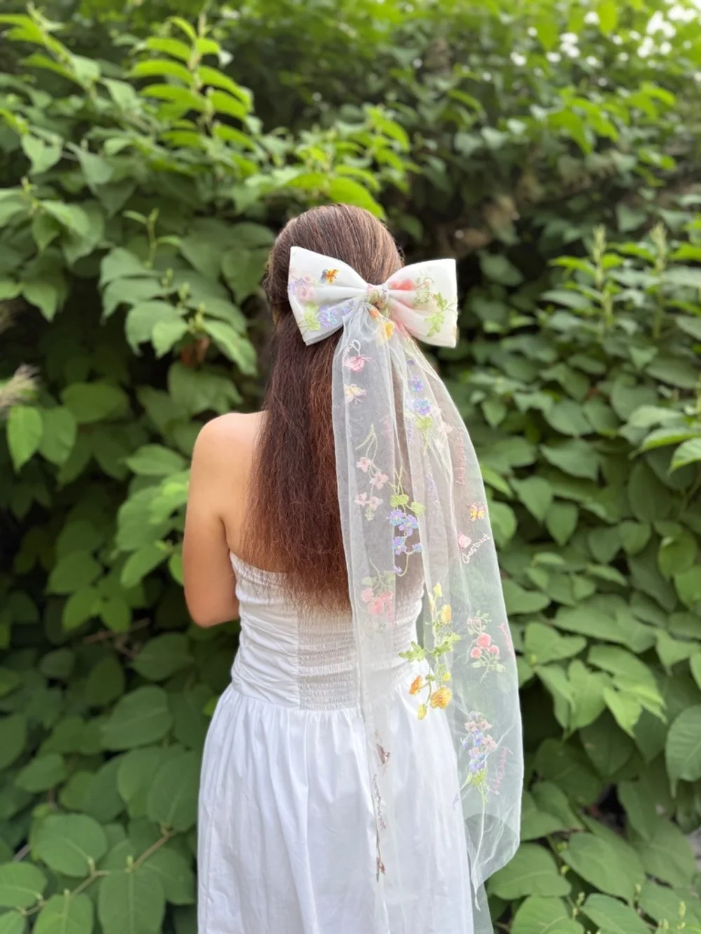 Embroidered Floral Tulle Bow Veil, Wildflowers Wedding Hair Accessory